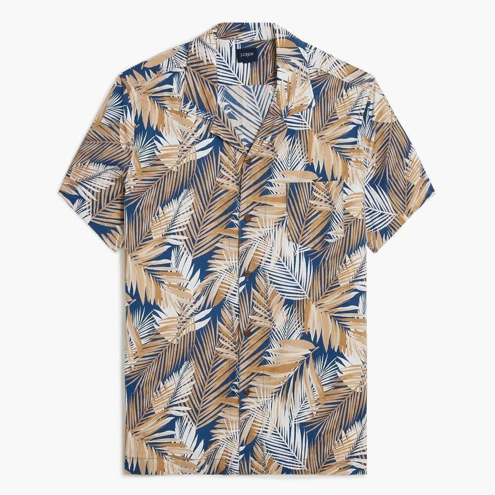 J Crew Men's Printed Flex Shirt Button Front Cotton Tropical Tan Blue Large